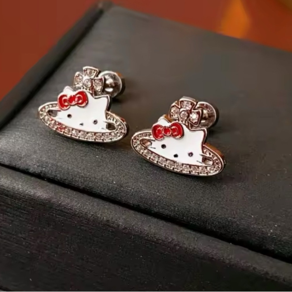 18K White Gold Hello Kitty Planet Saturn Diamond Accents Stud Earrings Kawaii